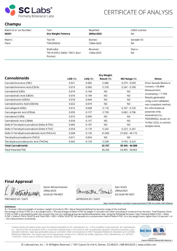 Bulk THCa AAAA Super Exotic Indoor Flower - Champu - 42.76% - Bandit Distribution