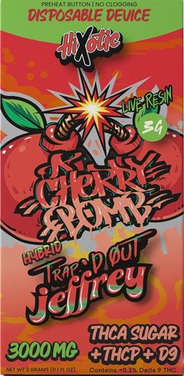HiXotic - "Trap'd Out Jeffrey" 3g Disposable - Singles - Cherry Bomb + THCA Sugar+THCP+D9 - Bandit Distribution