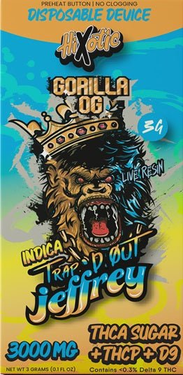 HiXotic - "Trap'd Out Jeffrey" 3g Disposable - Singles - Gorilla OG + THCA Sugar+THCP+D9 - Bandit Distribution