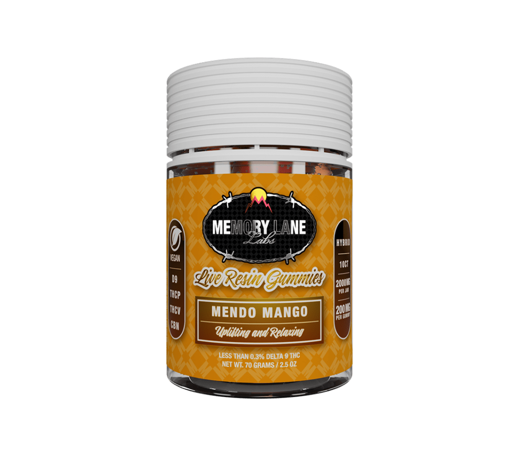 Memory Lane D9 Gummies - D9+THCP+CBN - 2000mg Jar - 10ct - Mendo Mango - 6 Pack Display - Bandit Distribution