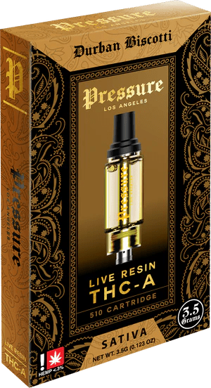 Pressure 3.5g Live resin THCA Cartridge - Durban Biscotti - Bandit Distribution