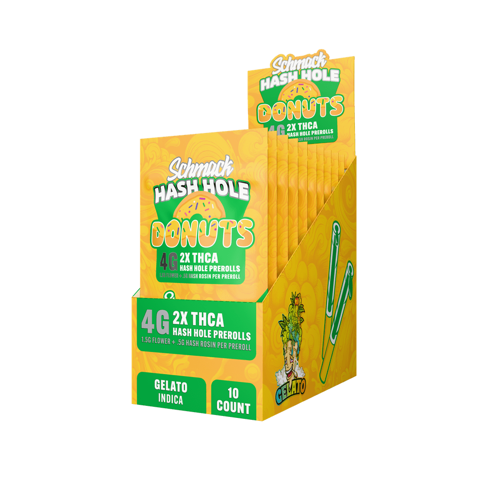 Schmack 2 Pack Hash Hole Donuts Prerolls - Gelato - Indica - 10 Pack Display - Bandit Distribution