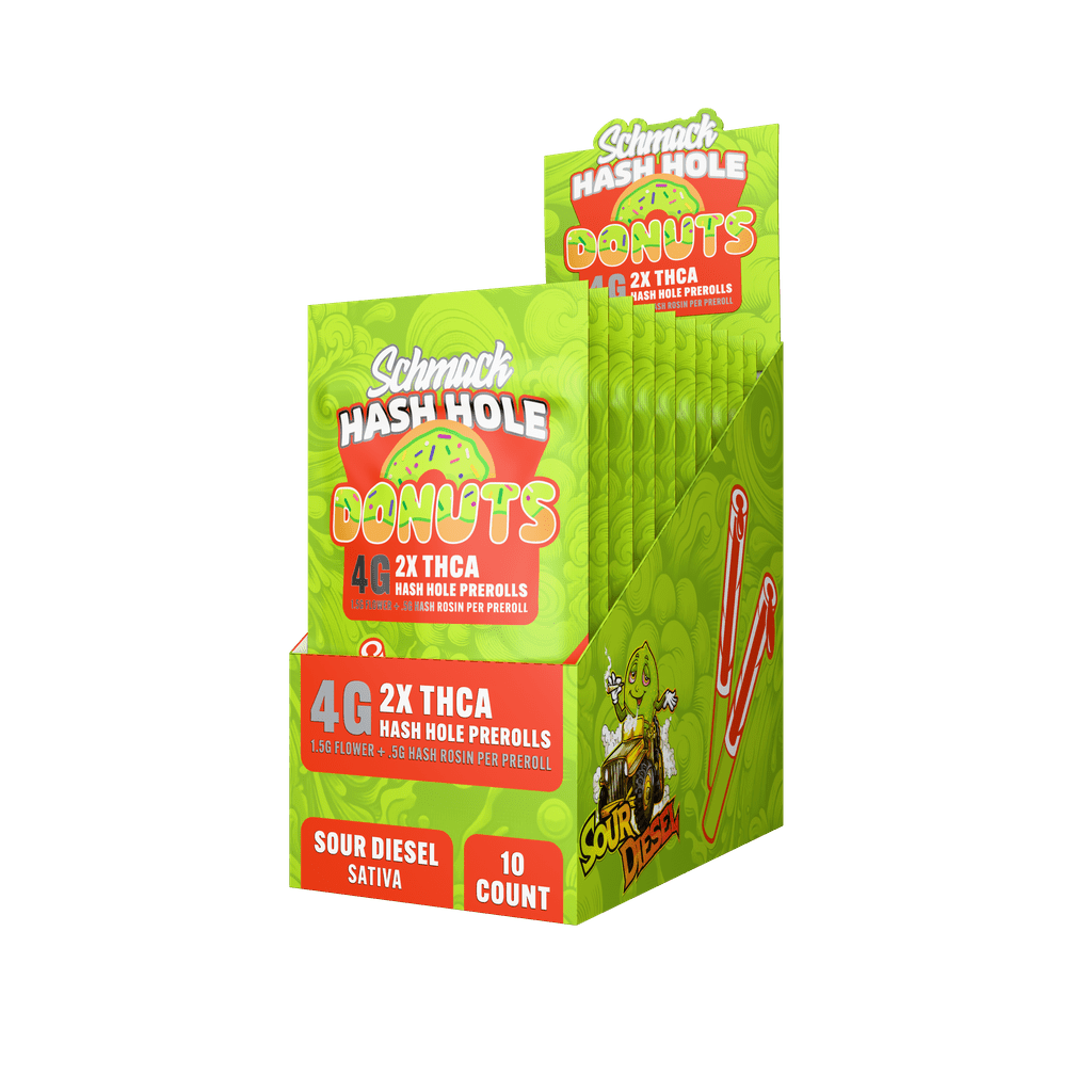 Schmack 2 Pack Hash Hole Donuts Prerolls - Sour Diesel - Sativa - 10 Pack Display - Bandit Distribution