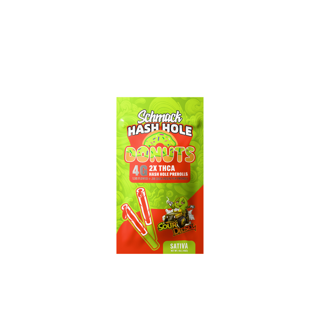 Schmack 2 Pack Hash Hole Donuts Prerolls - Sour Diesel - Sativa - 10 Pack Display - Bandit Distribution