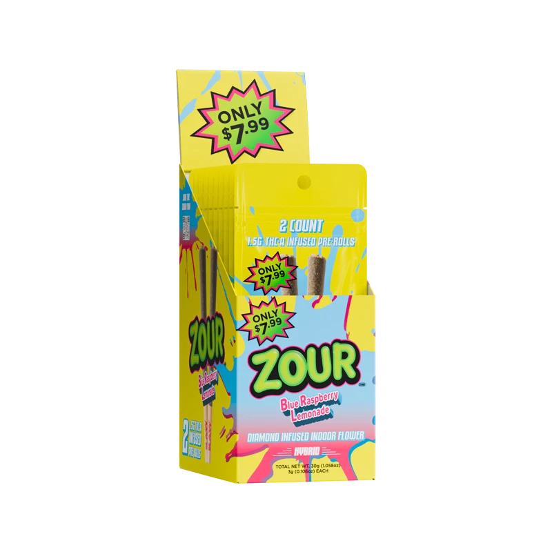 Zour Stash 2ct Diamond Infused THCA Pre Rolls - 10ct Display - Blue Raspberry Lemonade