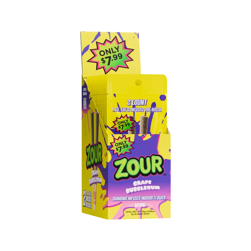 Zour Stash 2ct Diamond Infused THCA Pre Rolls - 10ct Display - Grape Bubblegum
