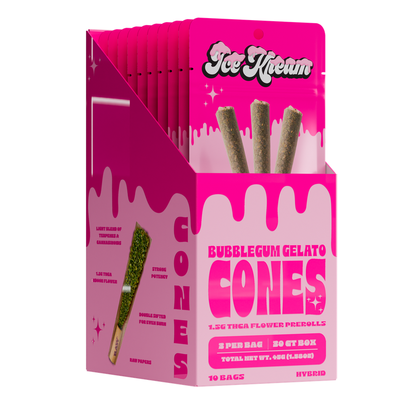 Ice Kream Cones - 3ct Thca Pre Roll Packs -10ct Counter Display - Bubblegum Gelato