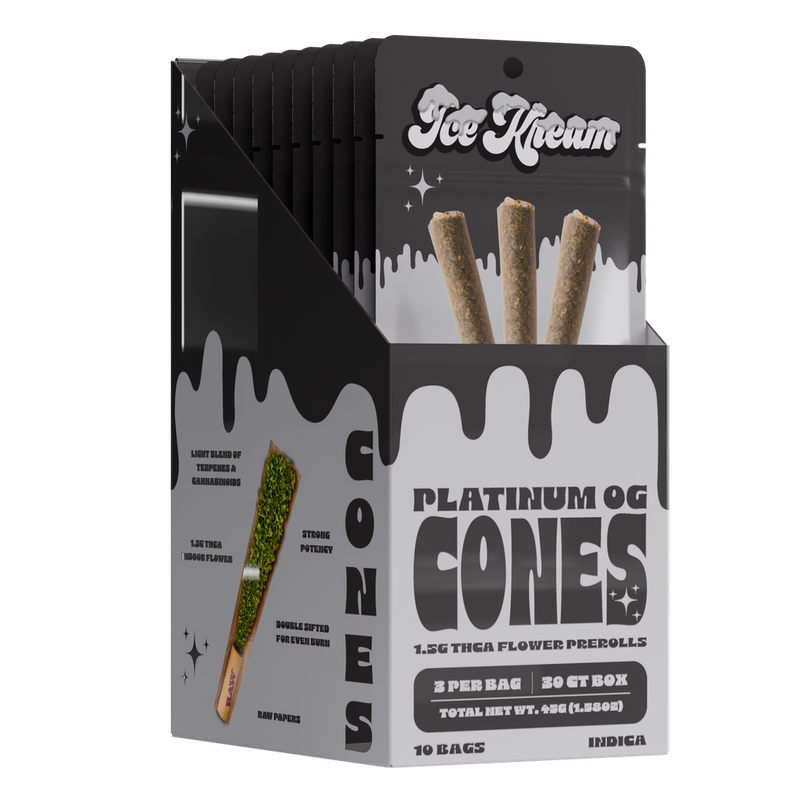Ice Kream Cones - 3ct Thca Pre Roll Packs -10ct Counter Display - Platinum OG