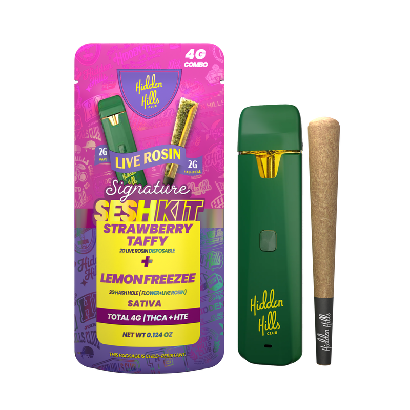 Hidden Hills Signature Sesh Kit -2g Live Rosin Dispo + 2g Hash Hole Combo - Strawberry Taffy / Lemon Freezee