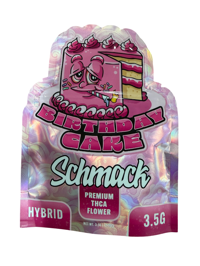 Package of 'Birthday Cake Schmack' premium THC flower with colorful design on a white background