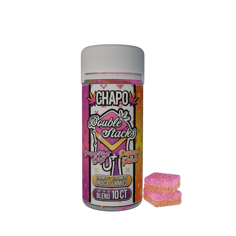 Chapo Double Stacks Gummies 10ct Jars - 10000mg - Dragonfruit Drift + Papaya Punch - Bandit Distribution