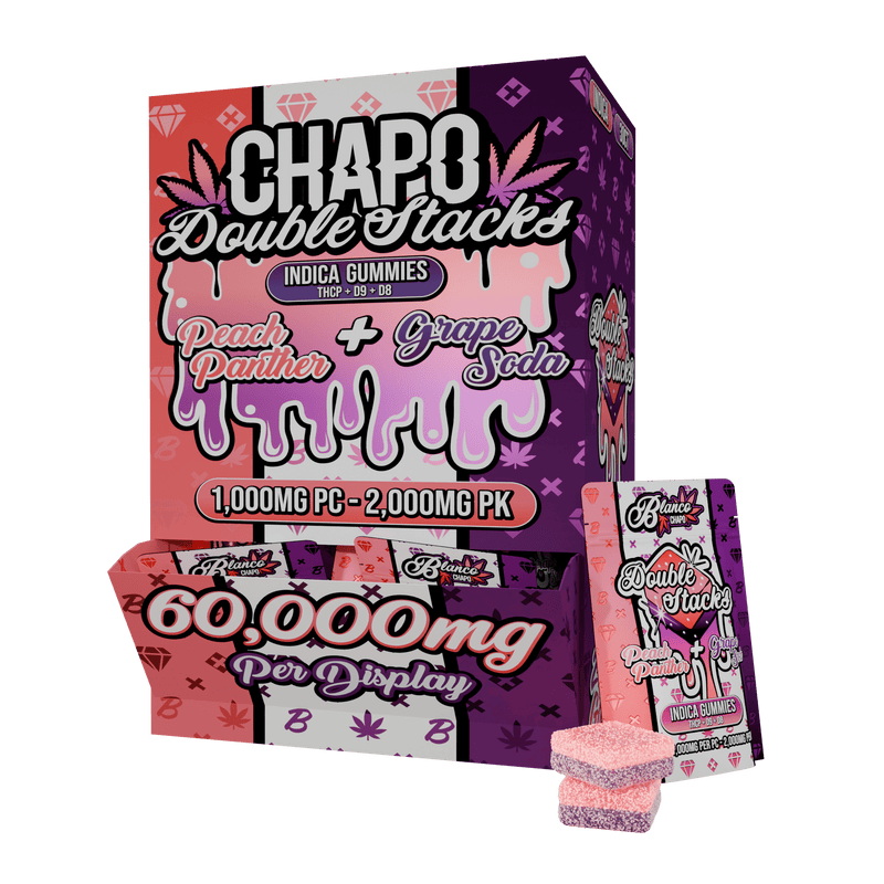 Chapo Double Stacks Gummies Display - 60,000mg - Peach Panther + Grape Soda - Bandit Distribution
