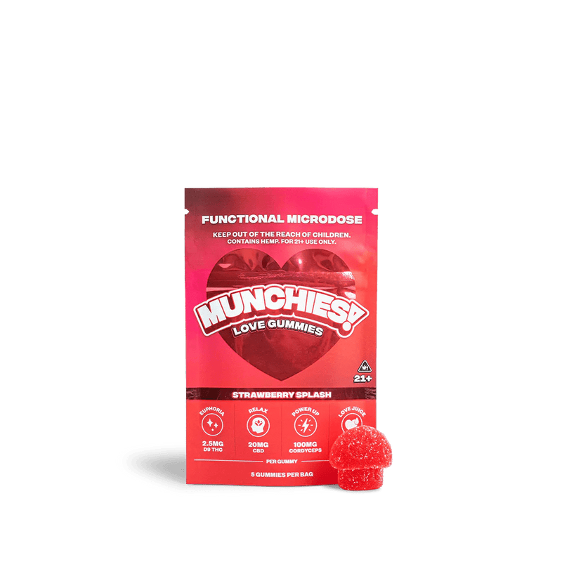 Delta Munchies D9 Functional Microdose Gummies - Love Gummies - Strawberry Splash - 5ct / 8 Pack Display - Bandit Distribution