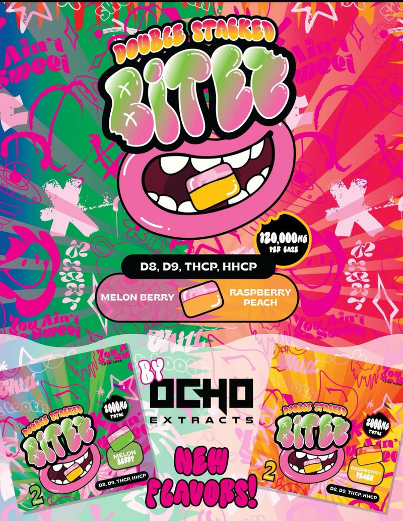 Double Stacked Bites 120,000mg Display (60 - 2ct Packs) - Raspberry Peach / Melon Berry - Bandit Distribution