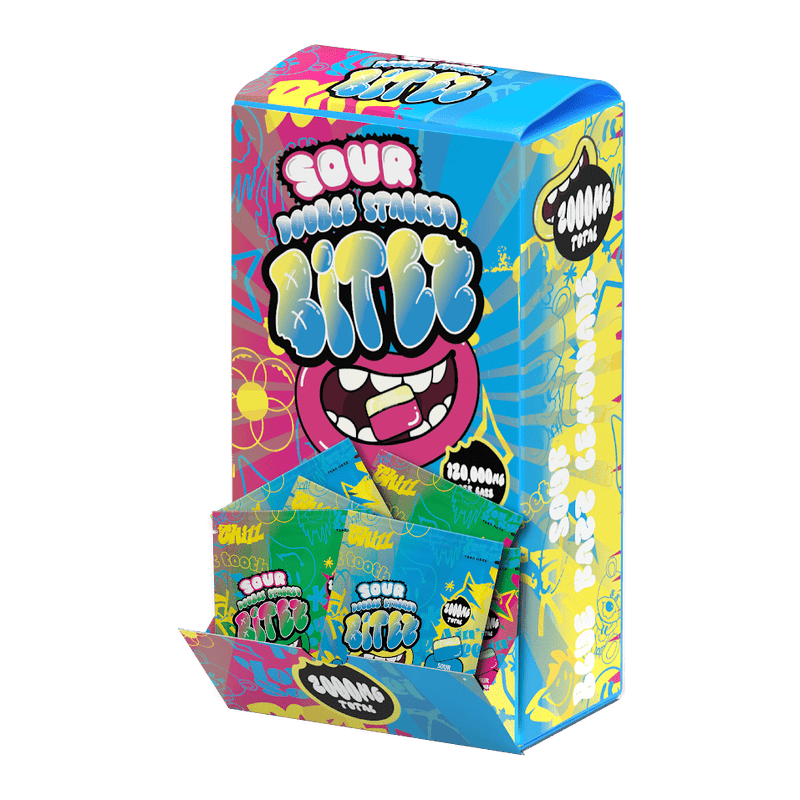 Double Stacked Sour Bites 120,000mg Display (60 - 2ct Packs) - Sour Watermelon Apple / Sour Blue Razz Lemonade - Bandit Distribution
