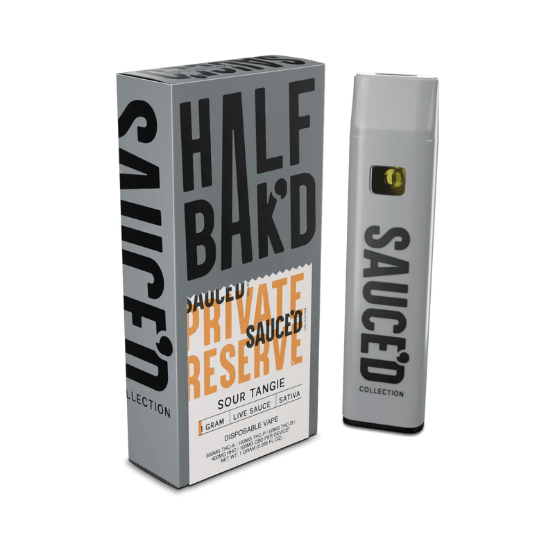 Half Bak'd Live Resin Private Reserve Sauce'd 1g Disposables - Sour Tangie - Bandit Distribution