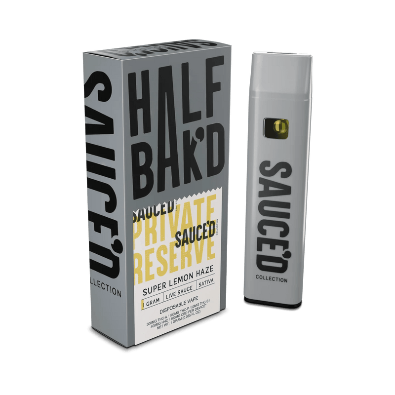 Half Bak'd Live Resin Private Reserve Sauce'd 1g Disposables - Super Lemon Haze - Bandit Distribution