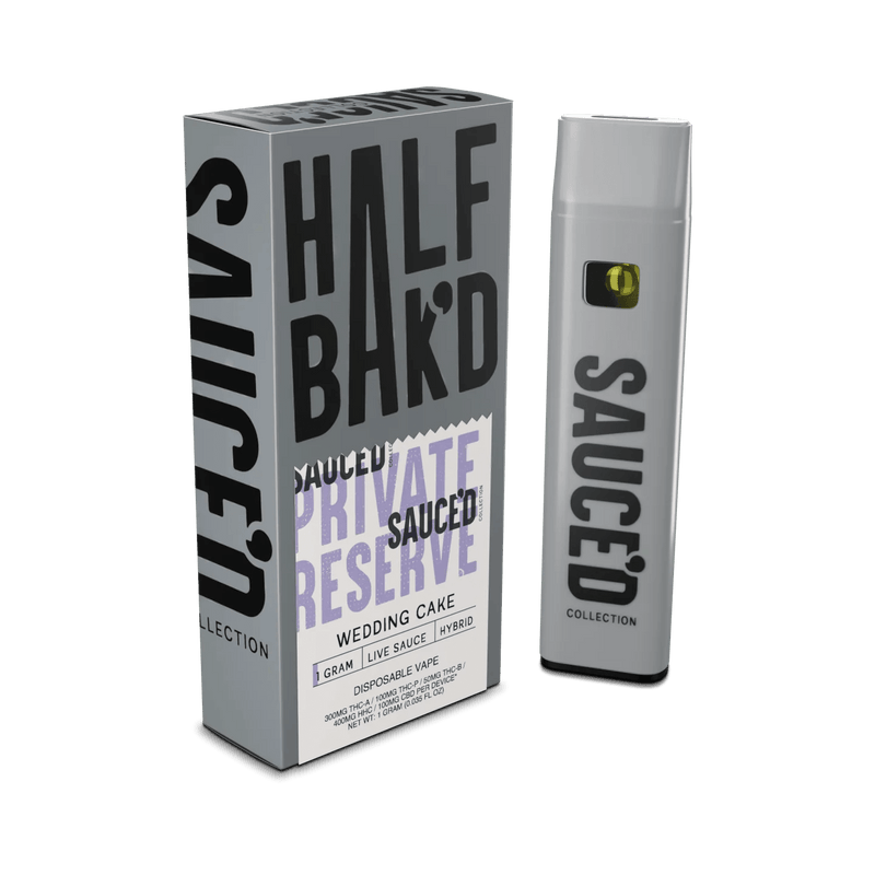 Half Bak'd Live Resin Private Reserve Sauce'd 1g Disposables - Wedding Cake - Bandit Distribution