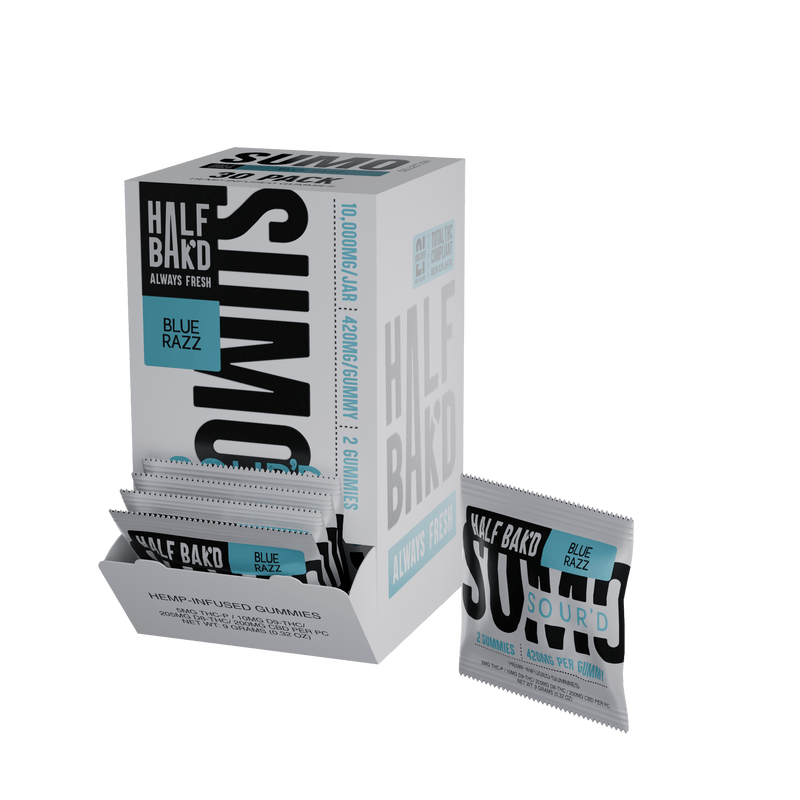 Half Bak'd Sumo Sour'D Gummies - 2ct - 30pk Display - Blue Razz - Bandit Distribution