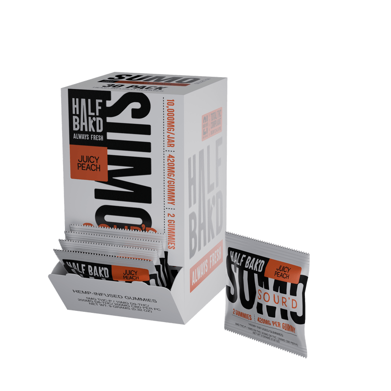 Half Bak'd Sumo Sour'D Gummies - 2ct - 30pk Display - Juicy Peach - Bandit Distribution