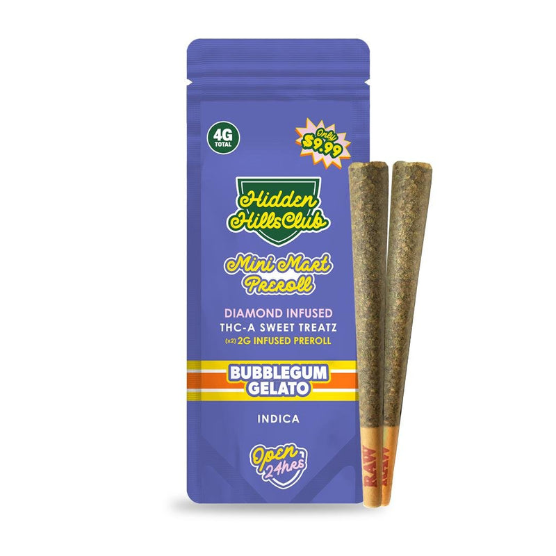 Hidden Hills Mini Mart 2g x 2 Thca Diamond Infused Pre Rolls - 10 Pack Display - BubbleGum Gelato - Bandit Distribution