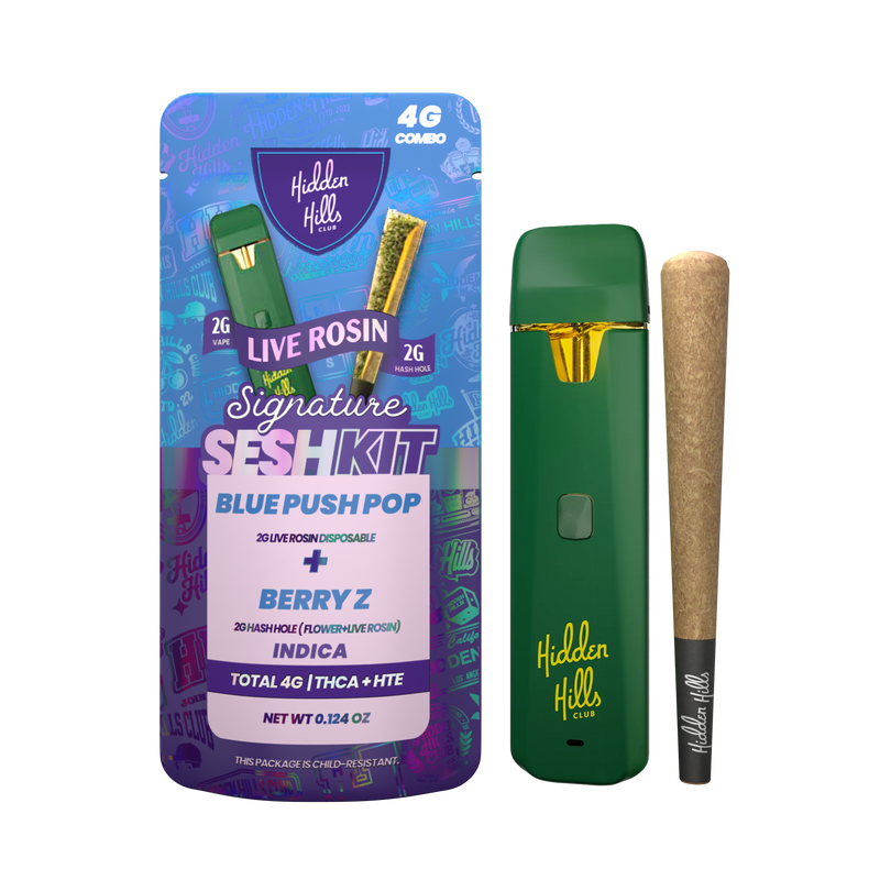 Hidden Hills Signature Sesh Kit - 2g Live Rosin Dispo + 2g Hash Hole Combo - Blue Push Pop / Berry Z - Bandit Distribution