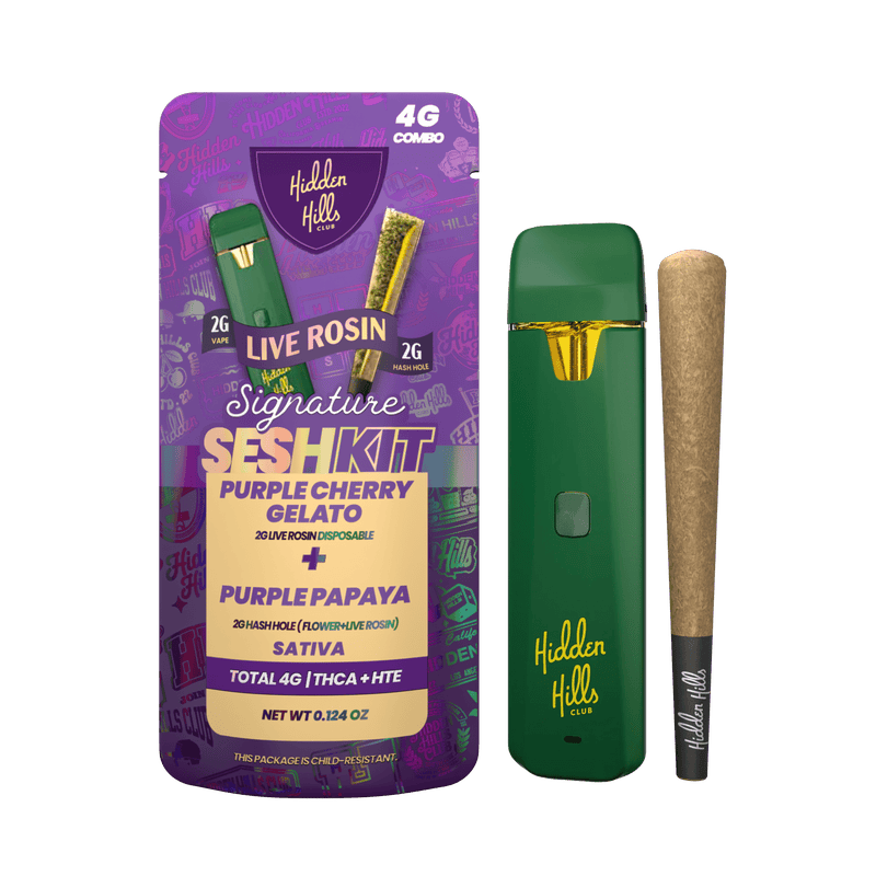 Hidden Hills Signature Sesh Kit - 2g Live Rosin Dispo + 2g Hash Hole Combo - Purple Cherry Gelato / Purple Papaya - Bandit Distribution