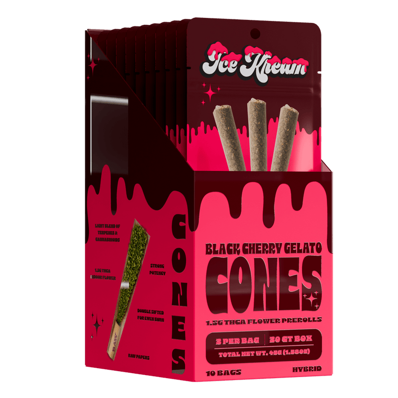 Ice Kream Cones - 3ct Thca Pre Roll Packs -10ct Counter Display - Black Cherry Gelato - Bandit Distribution