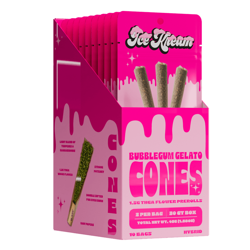 Ice Kream Cones - 3ct Thca Pre Roll Packs -10ct Counter Display - Bubblegum Gelato - Bandit Distribution