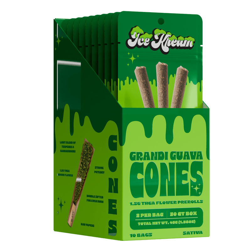 Ice Kream Cones - 3ct Thca Pre Roll Packs -10ct Counter Display - Grandi Guava - Bandit Distribution
