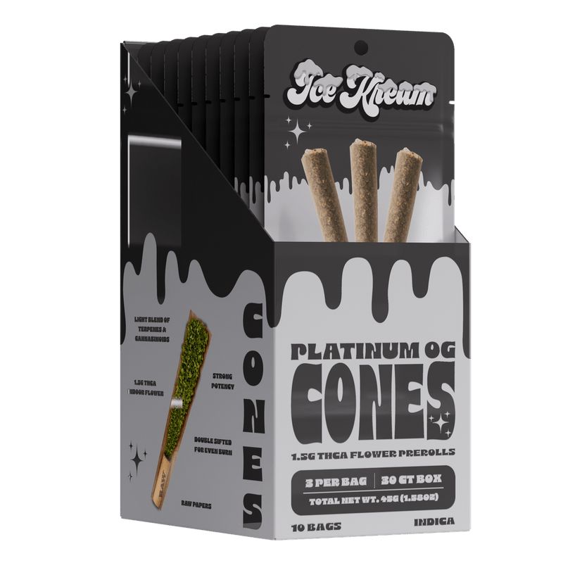 Ice Kream Cones - 3ct Thca Pre Roll Packs -10ct Counter Display - Platinum OG - Bandit Distribution