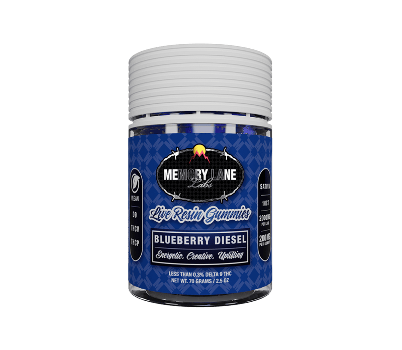 Memory Lane D9 Gummies - D9+THCP+CBN - 2000mg Jar - 10ct - Blueberry Diesel 6 Pack Display - Bandit Distribution