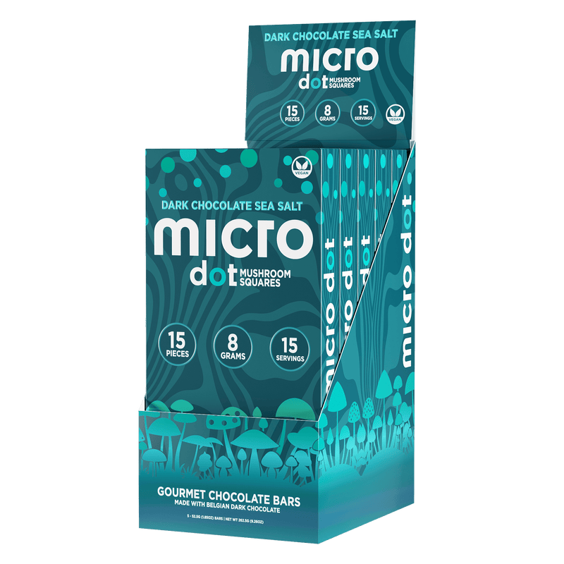 Micro Dot Magic Mushroom Chocolates - 15pc / Bar - 5ct Display - Dark Chocolate Sea Salt - Bandit Distribution