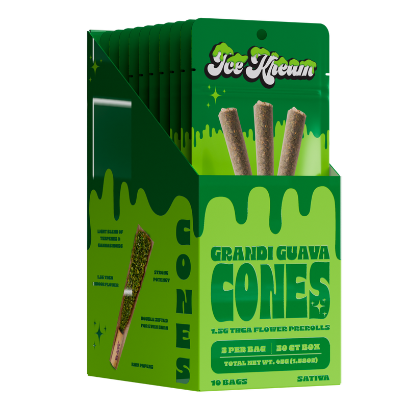 Ice Kream Cones - 3ct Thca Pre Roll Packs -10ct Counter Display - Grandi Guava