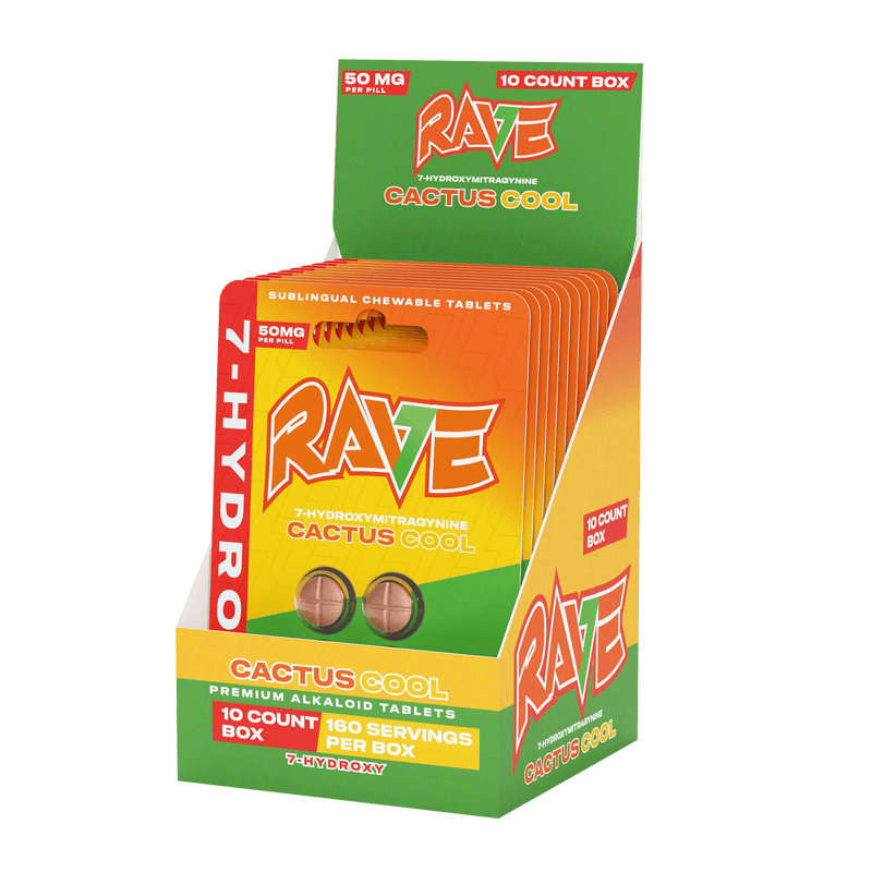 Rave Kratom 7 - Hydroxy - 50mg Tabs - 4ct Pack - Cactus Cooler - 10ct Display Box - Bandit Distribution