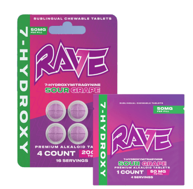 Rave Kratom 7 - Hydroxy - 50mg Tabs - 4ct Pack - Sour Grape - 10ct Display Box - Bandit Distribution