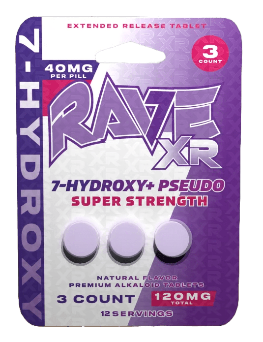 Rave Kratom XR 7 - Hydroxy+Pseudo Super Strength - 40mg Tabs - 3ct Pack - Bandit Distribution
