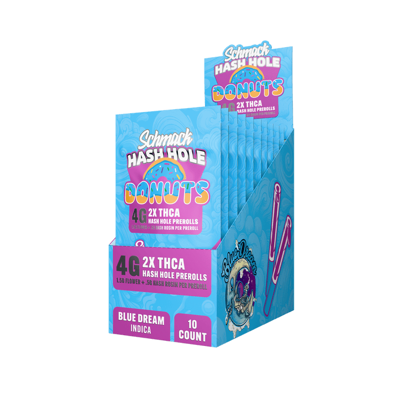 Schmack 2 Pack Hash Hole Donuts Prerolls - Blue Dream - Indica - 10 Pack Display - Bandit Distribution