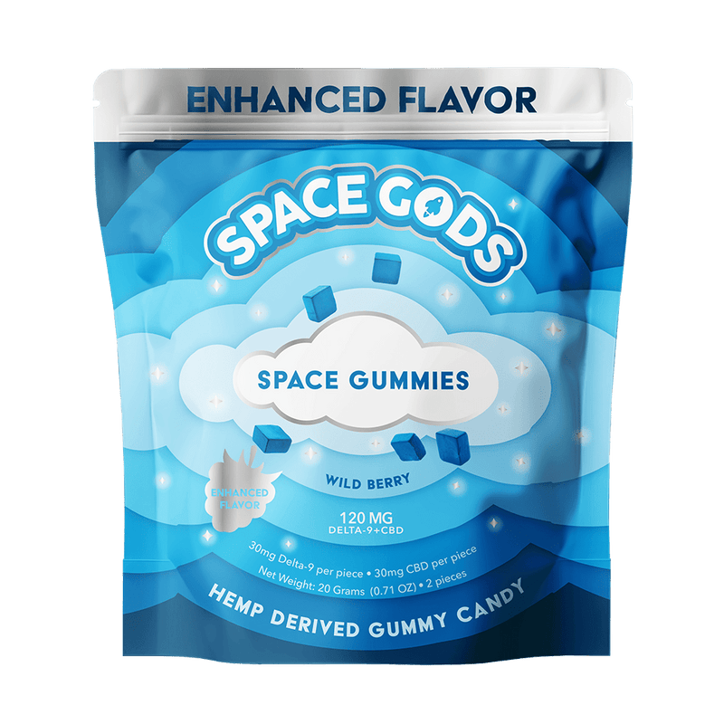 Space Gods 2pk Space Gummies 120mg D9+CBD - 60pk Display - Wild Berry - Bandit Distribution