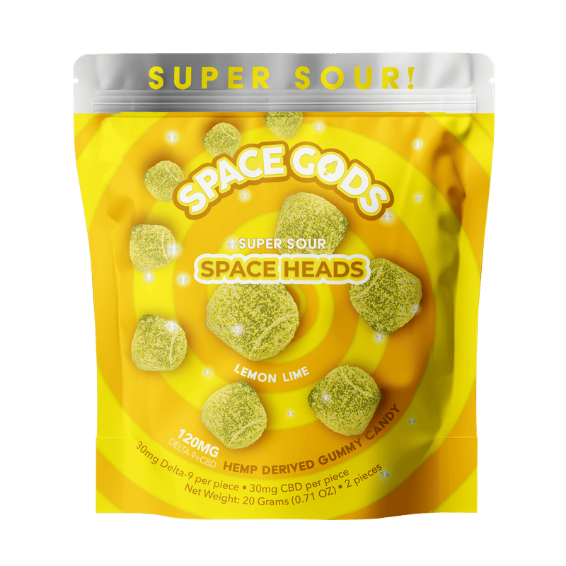 Space Gods 2pk Super Sour Space Heads 120mg D9+CBD - 60pk Display - Lemon Lime - Bandit Distribution