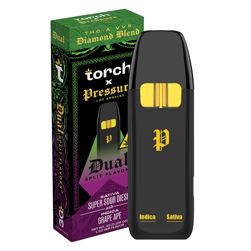 Torch x Pressure Dual Split Flavor THCa Displosables 3g - Super Sour Diesel x Grape Ape - Bandit Distribution