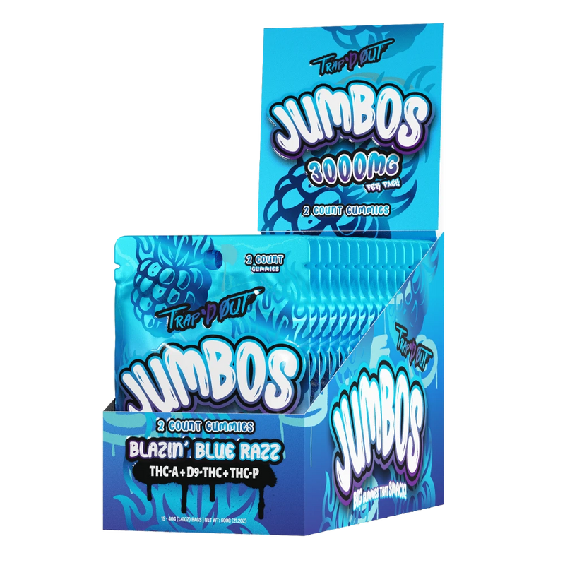 Trap'D Out JUMBO'S 2ct Gummies - 15ct Display - Blazin Blue Razz - Bandit Distribution