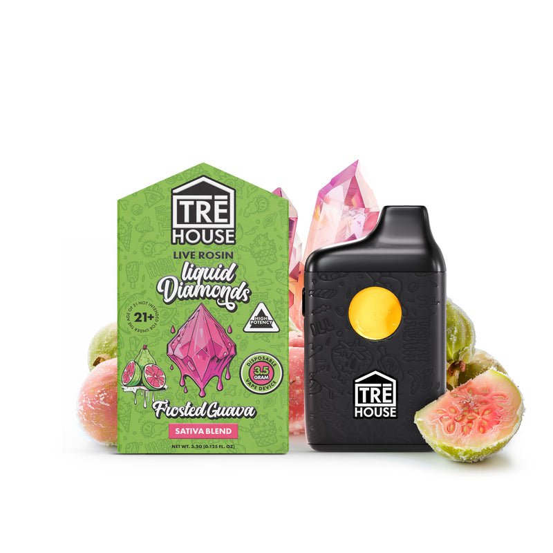 Tre House Frosted Guava Live Rosin Liquid Diamonds THCA Vape Pen Bandit Distribution Tre House Frosted Guava Live Rosin Liquid Diamonds THCA Vape Pen Bandit Distribution