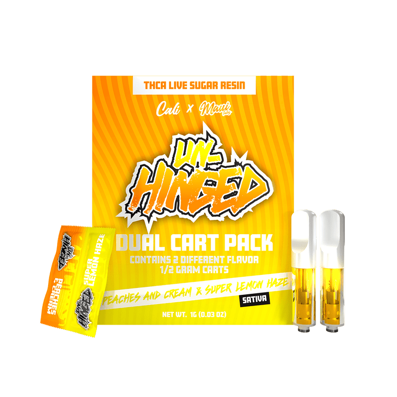 Un Hinged Dual Cart Packs THCA Live Sugar - Peaches And Cream + Super Lemon Haze - Bandit Distribution