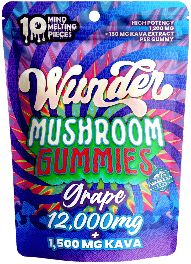 Wunder 12,000mg+1500mg Kava Ultra High Potency Entheogenic Nootropic Blend Mushroom Gummies - Grape - Bandit Distribution
