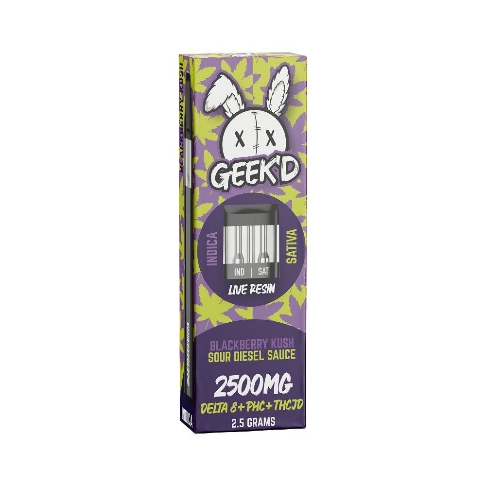 Geek'D Extracts - D8 + PHC + THCJD Live Resin 2.5 Gram Disposable - Blackberry Kush & Sour Diesel Sauce - Bandit Distribution Geek'D Extracts - D8 + PHC + THCJD Live Resin 2.5 Gram Disposable - Blackberry Kush & Sour Diesel Sauce - Bandit Distribution