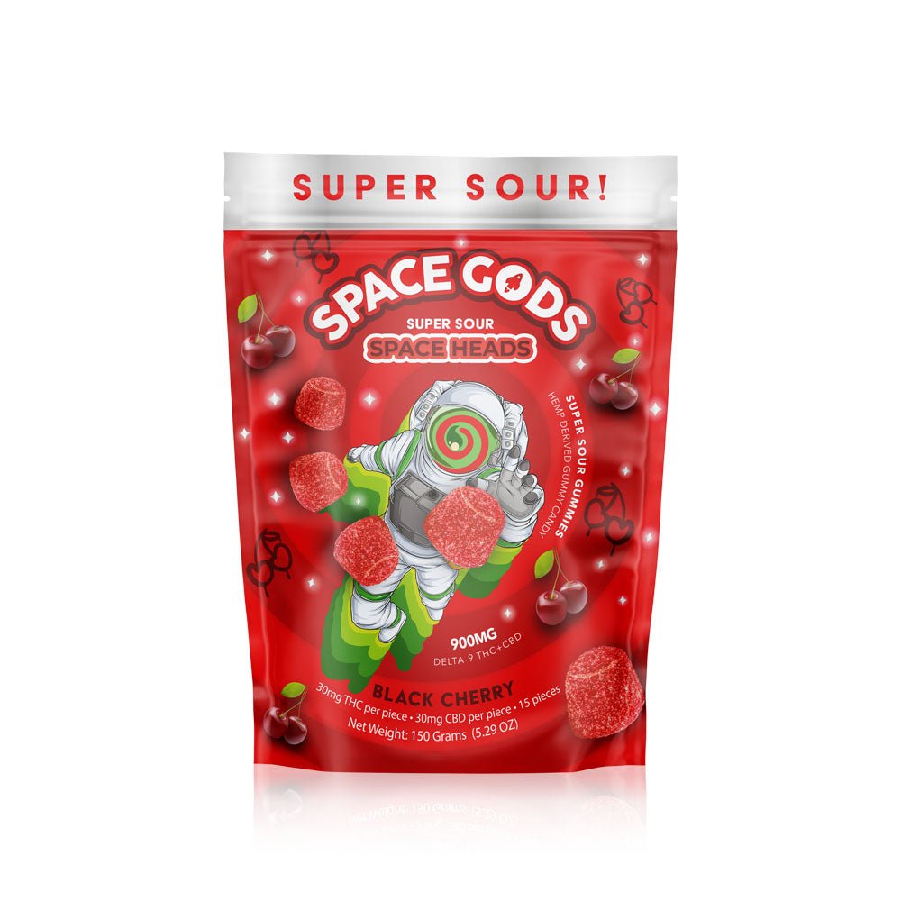 Space Gods Super Sour Space Heads Gummies - D9+CBD 900mg - Black Cherry - Bandit Distribution