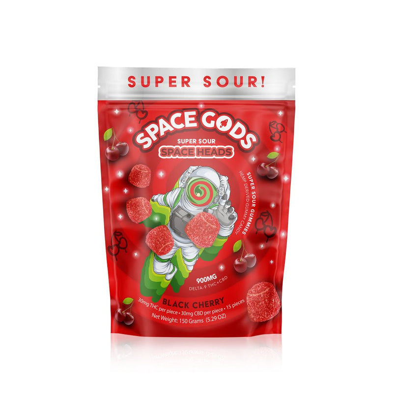 Space Gods Super Sour Space Heads Gummies - D9+CBD 900mg - Black Cherry - Bandit Distribution