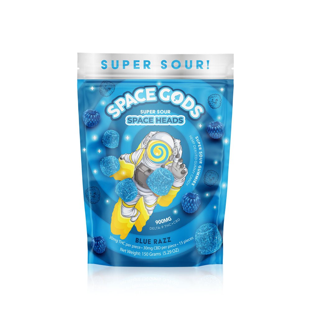 Space Gods Super Sour Space Heads Gummies - D9+CBD 900mg - Blue Razz - Bandit Distribution