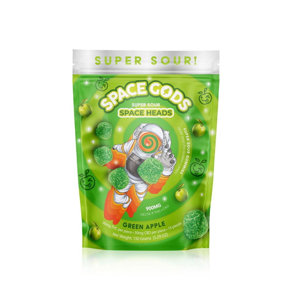 Space Gods Super Sour Space Heads Gummies - D9+CBD 900mg - Green Apple - Bandit Distribution